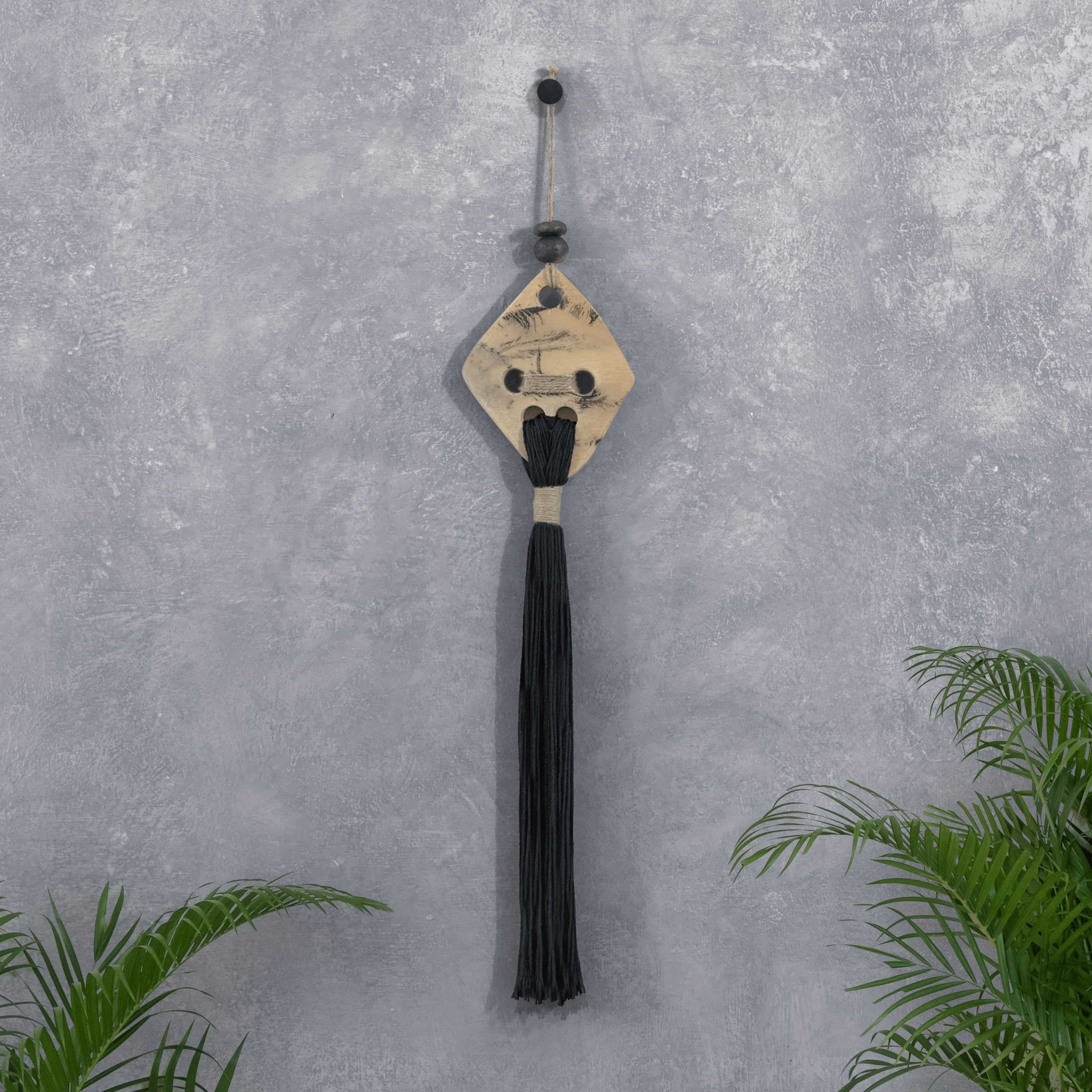 Black and Beige Ceramic Macrame Wall Hanging by Máak-An - Wool+Clay